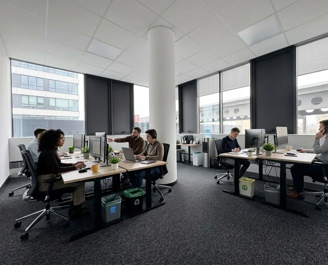Das Heyrise Studio: das Team an seinen Schreibtischen in einem hellen, offenen Büro mit hohen Fenstern.