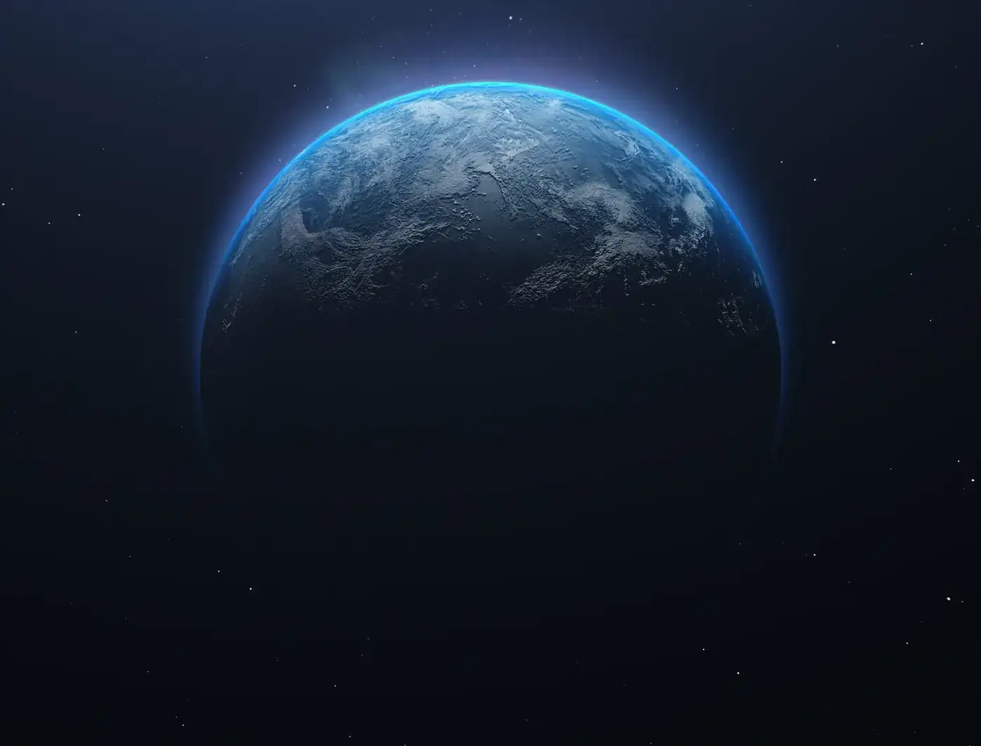 Die Erde aus dem All, ihr Rand leuchtet blau vor einem dunklen Sternenhimmel.